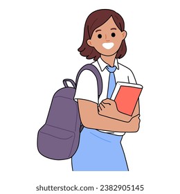 
high school students carrying backpacks and books with cheerful faces