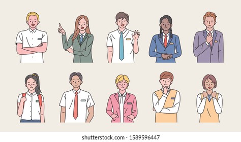 High School Students Character Set In School Uniform. Flat Design Style Minimal Vector Illustration.