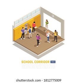 High school students in corridor during break 3d isometric composition vector illustration