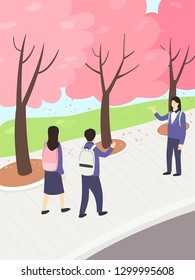High school students greeting at cherry blossom road.