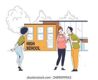 High school students. Guy and girls near school building. Friends communicate. Campus of university or college. Education and knowledge. Linear vector illustration isolated on white background