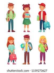 High school students. Kids pupils with globe, books and backpack. Schools children pupils smart boy and girl, pupil international class characters cartoon vector isolated icon set