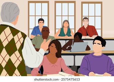 High School Students in Lecture Hall. University Auditorium With Senior Professor Teacher Back And Students Front View, Course Participants Education. Flat vector illustration