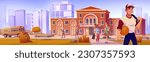 High school students on campus in autumn. Vector cartoon illustration of college building, bus for kids, happy teenagers talking after classes, athletic young man smiling, cityscape in background
