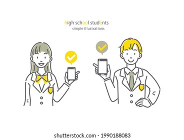 high school students showing smartphone, simple line illustration