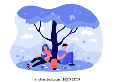 High school students sitting on lawn at tree, reading book, doing homework, studying together. Vector illustration for college, university campus, education concept