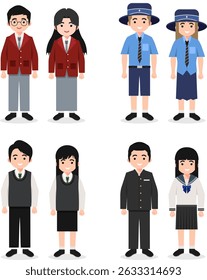 High School Students in Uniform for Classroom Art and Educational Illustrations