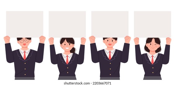 High school students in school uniform holding blank paper for text. SAT, high school concept person vector illustration.