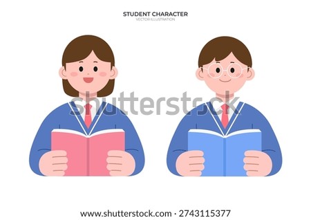 High School Students in School Uniform Reading Books and Studying Illustration