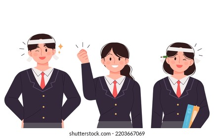 High school students in school uniforms posing cheering. SAT, high school concept person vector illustration.