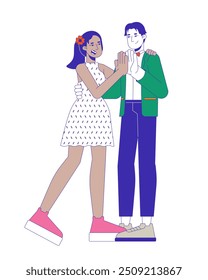 Enamorados de la escuela secundaria bailando personajes de dibujos animados en 2D. Fiesta de baile chico chica diversa. Vector plano de la gente aislada de la pareja adolescente de la ropa formal del vestido en el fondo blanco. Ilustración de punto colorido