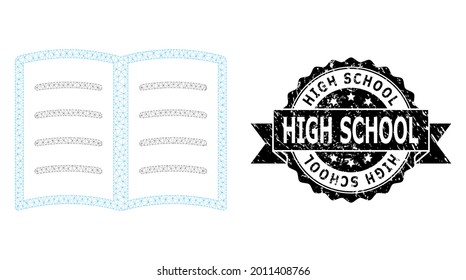 High School textured seal imitation and vector open book mesh structure. Black stamp contains High School title inside ribbon and rosette. Abstract flat mesh open book, designed with flat mesh.