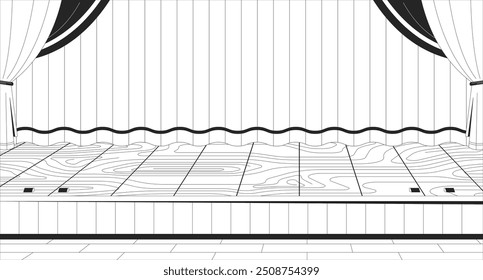 Ilustração da linha preta e branca do palco do teatro do ensino médio. Cortinas sala de concerto 2D interior monocromático pano de fundo. Teatral vazio. Entretenimento em artes performáticas. Vetor de contorno de teatro do ensino médio