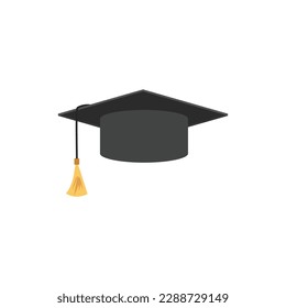 High school or university cap flat cartoon vector illustration isolated on white background. Degree ceremony black hat with golden tassel icon or symbol.