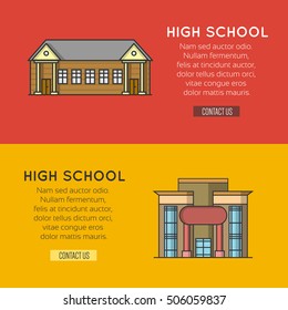 High school and university study banners. Student and campus, graduation and architecture construction building. Vector illustration.
