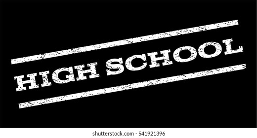 High School watermark stamp. Text caption between parallel lines with grunge design style. Rubber seal stamp with scratched texture. Vector white color ink imprint on a black background.
