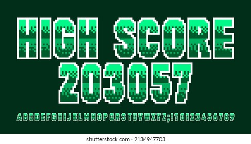 High Score alphabet font. Pixel letters and numbers. 80s arcade video game typeface.