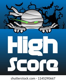 high score, beautiful greeting card with mummy and bats illustration for halloween theme, vector background, poster or banner 
