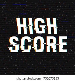 High Score Glitch Text. Anaglyph 3D Effect. Technological Retro Background. Vector Illustration. Creative Web Template. Flyer, Poster Layout. Computer Program, Console Screen, Retro Arcade.