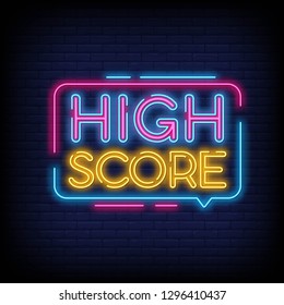 High Score Neon Text Vector with Brick Wall Background. High Score neon sign  design template  modern trend design  night neon signboard  night bright advertising  light banner  light art. Vector