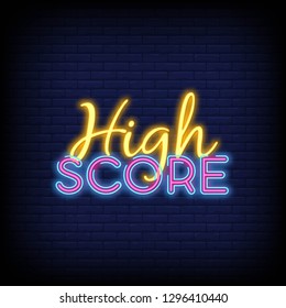 High Score Neon Text Vector with Brick Wall Background. High Score neon sign  design template  modern trend design  night neon signboard  night bright advertising  light banner  light art. Vector
