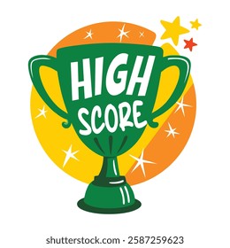 High score written on a trophy, flat style sticker 
