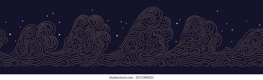 High sea waves, line repeat pattern. Abstract texture board in oriental style. Vector golden illustration on black background. Tradition chinese wallpaper for cover, simple banner