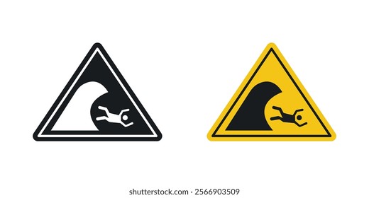High sea waves warning signs set in black and colored