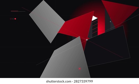High security cyber espionage vector visual featuring isometric data blocks and geometric protection layers. Ebony, Crimson and Silver color theme.