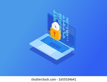 High security and privacy protection. Isometric computer with protection lock from cyber attack, antivirus. Vector illustration information technology security services concept
