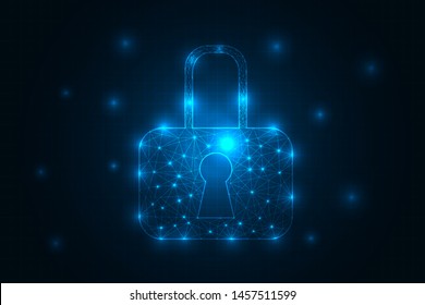 High security while using internet. Padlock safety with key on digital technology abstract background