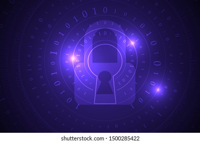 High security while using internet. Padlock safety with key on digital technology abstract background