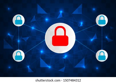High security while using internet. Padlock safety with key on digital technology abstract background.