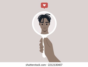 High self esteem, a character looking at themselves in a hand mirror, a like icon popping up above