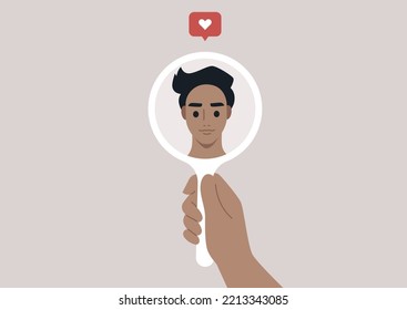 High self esteem, a character looking at themselves in a hand mirror, a like icon popping up above