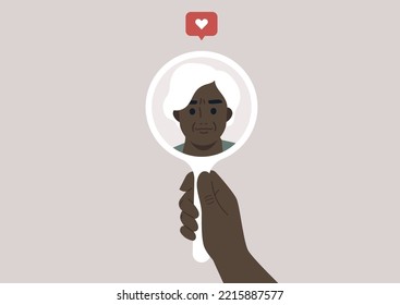 High self esteem, a character looking at themselves in a hand mirror, a like icon popping up above