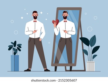 High self esteem concept. Man stands in front of mirror against backdrop of reflection with heart. Confidence and positive psychology, mental health and optimism. Cartoon flat vector illustration