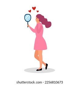 High self esteem concept vector illustration. Woman looking in a mirror with happiness. Self love.