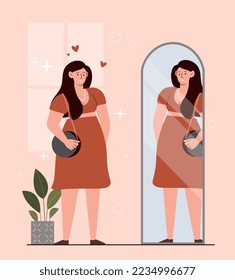 High self esteem concept. Woman rejoices in reflection in mirror, positive and optimism. Self confidence and acceptance. Mental health and psychology, happiness. Cartoon flat vector illustration