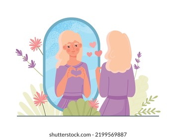 High self esteem concept. Young girl shows heart from her fingers in front of mirror. Selflove, acceptance. Positive and optimism. Mental health and psychology. Cartoon flat vector illustration