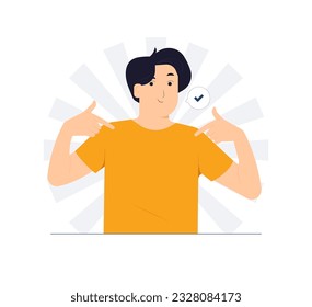 high self esteem, confidence, brave smiling man pointing himself with fingers proud and happy  concept illustration