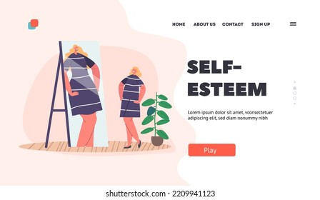 High Self-esteem Inadequate Perception Landing Page Template. Confident Woman Character With Distorted Self-perception Looking In Mirror, Narcissism. Cartoon People Vector Illustration