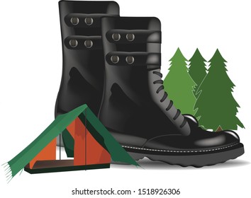 high shoes black boots with tent and camping trees