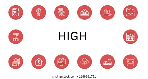 high simple icons set. Contains such icons as Multimeter, Air balloon, Chair, Education, School, Shoes, Mortarboard, Temperature, Shoe, Stool, can be used for web, mobile and logo