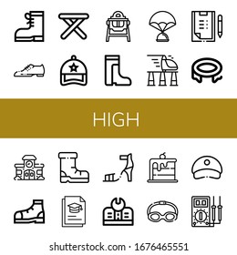 high simple icons set. Contains such icons as Boots, Shoes, Stool, Cap, Feeding chair, Parachute, High speed train, Scoring, Trampoline, School, can be used for web, mobile and logo