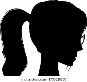 High sloppy tail with wavy strands. Silhouette of a woman. Woman in profile. Minimalistic vector for logo 