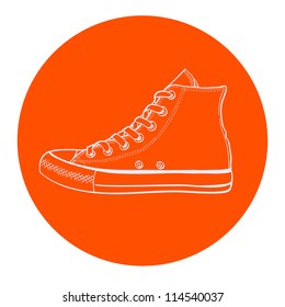 High sneaker drawn in a sketch style. Side view of a gumshoe. Vector illustration.