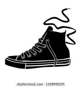 High sneaker with a long lace. Vector stylized black and white image.