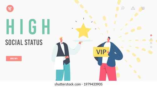 High Social Status Landing Page Template. Waiter Character Carry Star on Tray for Man with VIP Gold Card in Hands. Privilege Restaurant Service for Card Holder. Cartoon People Vector Illustration