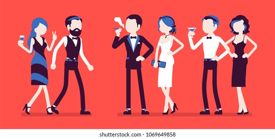 High Society Party. Group Of Rich, Powerful, And Fashionable People In Evening Dresses Enjoy Life At Luxury Party, Wealth And Social Status Elite Club. Vector Illustration With Faceless Characters